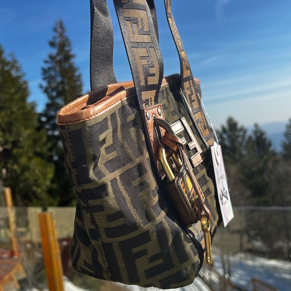 Fendi: Mini Padlock & Key Zucca FF Monogram Nylon Leather Brown Tote Bag *RARE* - Picture 10 of 17